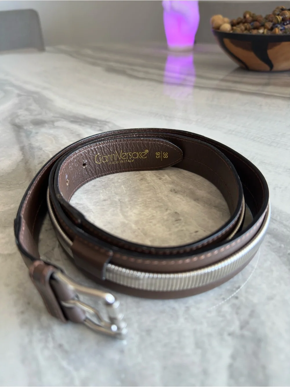 Vintage Gianni Versace Brown Leather Chain Link Overlay Belt